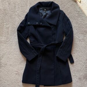 H&M Dark Blue Belted Trench Coat